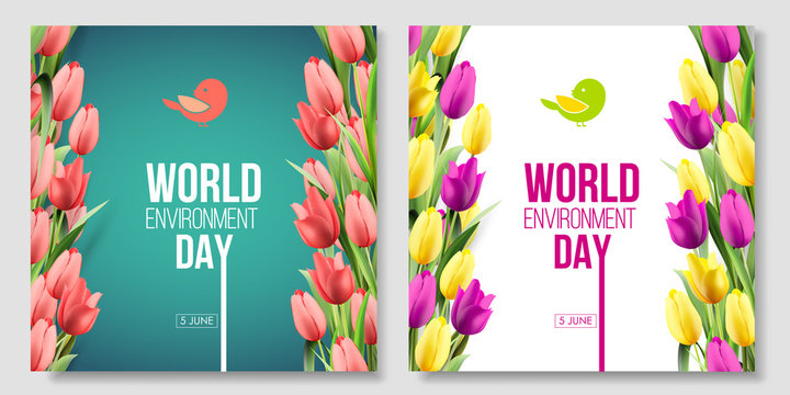 World Environment Day card, banner on the green and white background with flowers, red, yellow, pink tulips and leaves. Color living coral. 5 june. Eco, bio, nature. Vector illustration