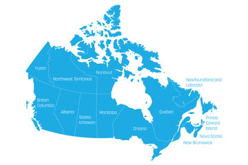 Fototapeta premium Map of Canada divided into 10 provinces and 3 territories. Administrative regions of Canada. Blue map with labels. Vector illustration