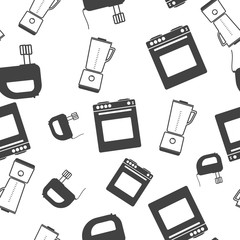 Kitchen stationary blender for mixing and grinding food, gas stove and mixer with oven for a kitchen vector seamless pattern on a white background.