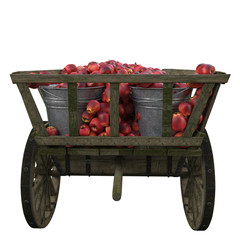 Wooden cart with red ripe apples in buckets.
