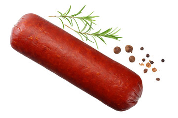 Salami smoked sausage with rosemary and peppercorns isolated on white background. top view