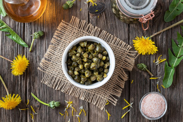 False capers made from young dandelion buds, top view