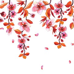 Flowering branch of plum tree, watercolor seamless border