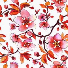 Blossom branch seamless pattern watercolor on white background