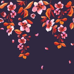 Flowering branch of plum tree, watercolor seamless border