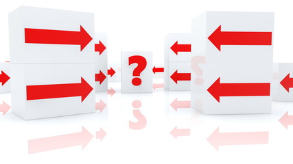 Randomly red arrows and question mark on white cubes on white background