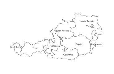 Vector isolated illustration of simplified administrative map of Austria. Borders and names of the regions. Black line silhouettes