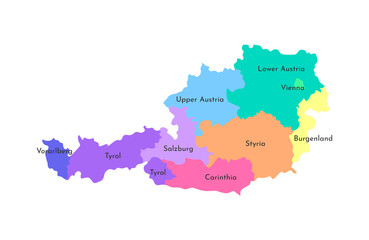 Vector isolated illustration of simplified administrative map of Austria. Borders and names of the regions. Multi colored silhouettes