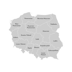 Vector isolated illustration of simplified administrative map of Poland. Borders and names of the provinces (regions). Grey silhouettes. White outline