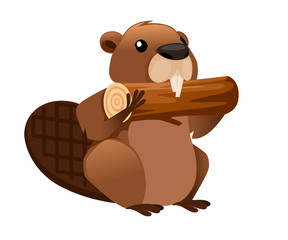 Cute brown beaver eating wooden stick. Cartoon character design. North American beaver Castor canadensis. Rodentia mammals. Happy animal. Flat vector illustration isolated on white background - obrazy, fototapety, plakaty