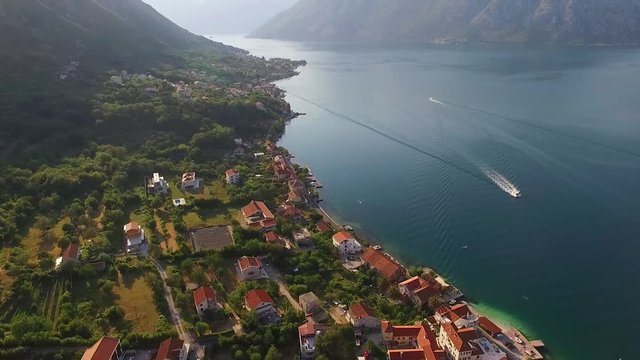 Aerial view of the city Prcanj in the Bay of Kotor Montenegro