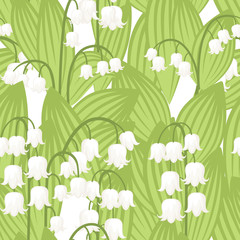 Seamless pattern. Convallaria majalis. Lilly of the valley. Mid spring colorful flower. Flat vector illustration on white background. Flowers set