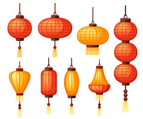 Fototapeta na wymiar Set of Chinese lanterns in different shape - circular, cylindrical shapes. Flat vector illustration isolated on white background. Red and orange classic Asian lantern. Chinese New Year