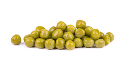 Green peas, isolated on white background. Pickled peas. Canned green peas.