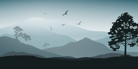 Mystical landscape. Mountains and trees. Tourism and travelling. Vector flat design