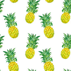 Summer seamless pattern with tropical pineapple fruits. Watercolor tropical hawaiian print.