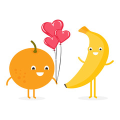 Funny cartoon couples character banana and orange.