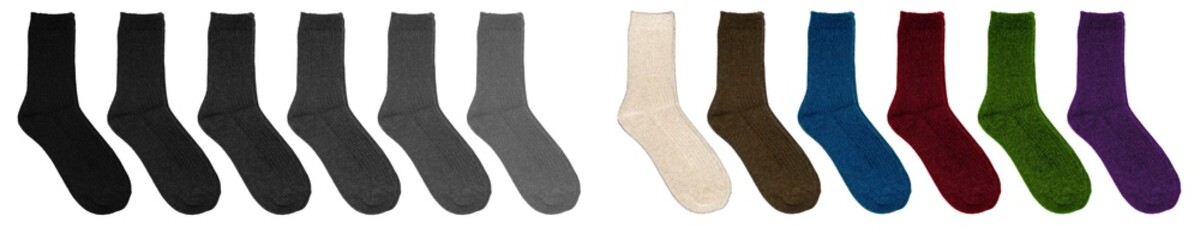 Socks of different colors. Socks in row on a white background. Multicolor socks on white background.