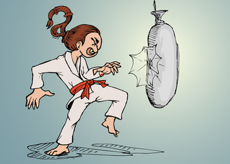 karate man kicking sand sag hand draw cartoon illustration