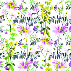 Fototapeta na wymiar Vector floral seamless pattern. Watercolor wildflowers, branches and foliage. Bright botanical drawing. Background with flowers for wallpaper, textiles, fabric, clothes, souvenirs, wrapper, surface. 