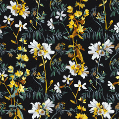 Vector floral seamless pattern. Watercolor wildflowers, branches and foliage. Bright botanical drawing. Background with flowers for wallpaper, textiles, fabric, clothes, souvenirs, wrapper, surface. 