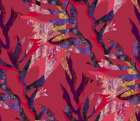 Seamless floral pattern in collage technique. Gladiolus made of paper cut out with watercolor texture. Flowers and leaves backdrop for wallpaper, textile, fabric, clothes, jacket, wrapper or surface