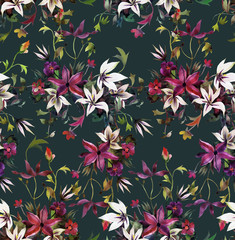 Seamless floral pattern with abstract garden flowers. Watercolor botanical illustration. Petals, buds, blooming flowers and leaves. Background for wallpaper, textile, fabric, clothes, dress or surface