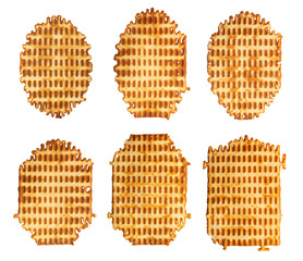 Set of six crispy handmade waffles isolated on white