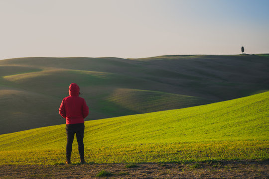 Back view of man in jacket walking on empty rural road in majestic green fields of Italy