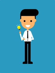 Young businessman shows gesture. Solution of the problem. Business idea concept. Symbol of having business inspiration Isolated on blue background. Vector Illustration.
