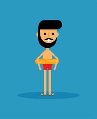 Summer time. Cartoon man and rubber ring. Sea vacation. Character Isolated on blue background. Vector Illustration.