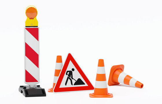 Baustelle Absperrung - Warnbake einzeln mit Leuchte, Fu&szlig;platte, Verkehrsh&uuml;tchen und Schild Baustelle angelehnt - freigestellt
