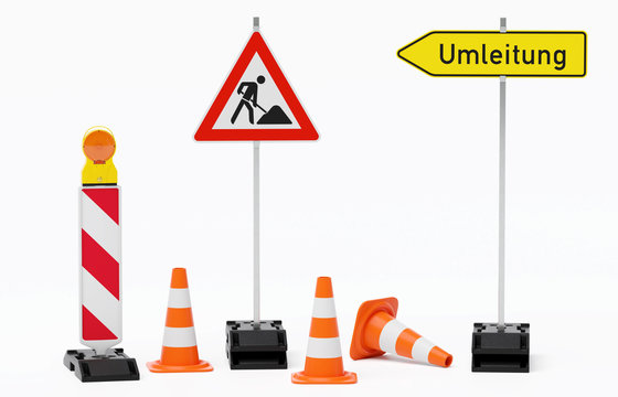 Baustelle Absperrung - Warnbake einzeln mit Leuchte, Fu&szlig;platte, Verkehrsh&uuml;tchen, Schild Baustelle und Schild Umleitung auf Pfosten - freigestellt