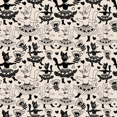 Dancing cartoon cats with flowers in hand drawn doodle style. Can be used as kids and baby wrapping paper, apparel design, wall art, wallpaper, poster, coloring pages, fabric texture.