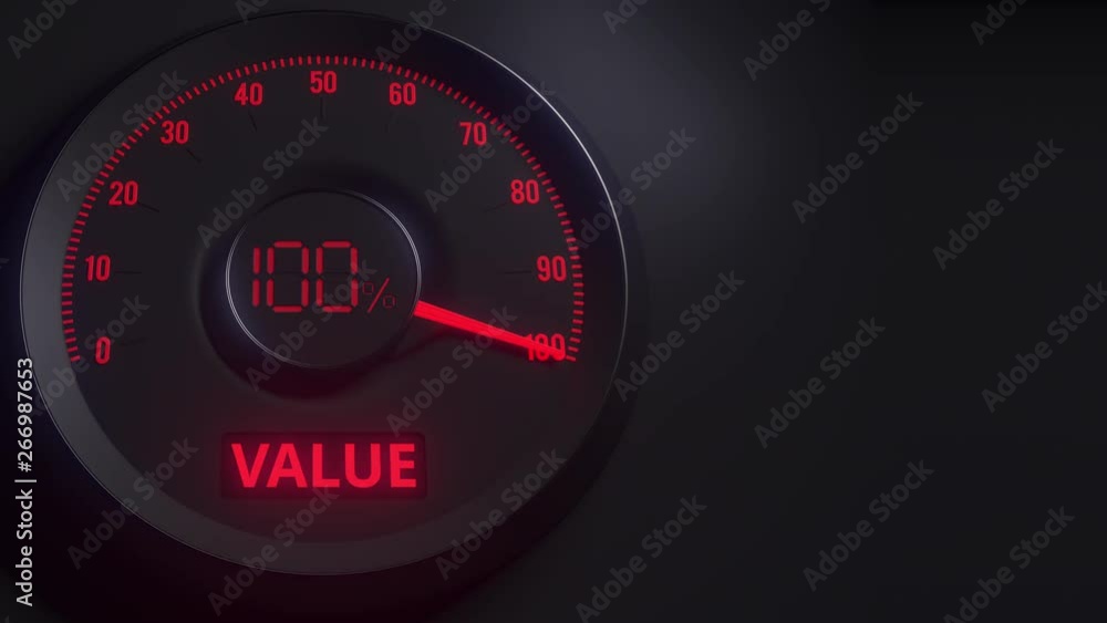 Poster red and black value meter or indicator, 3d animation