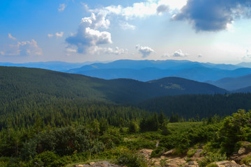 Naklejka na ściany i meble Panoramic view on way to Hoverla, Carpathian mountains, Ukraine. Horizontal outdoors shot