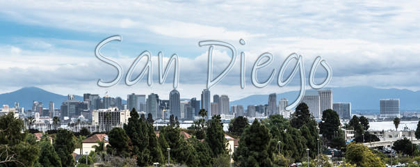 San Diego skyline with text   