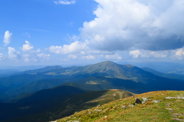 Panoramic view from Hoverla, Carpathian mountains, Ukraine. Horizontal outdoors shot