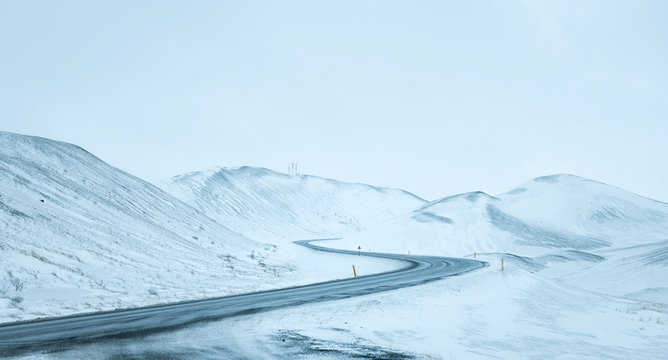 Uphill road landscape in winter at Iceland