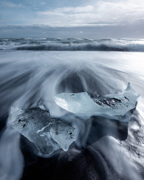 huge block of ice on coast in Diamond beach Iceland