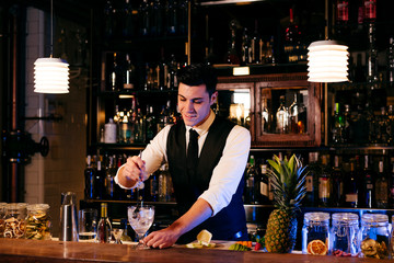 Young elegant barman working behind a bar counter mixing drinks with fruits