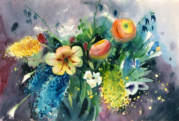 Watercolor painting. Bright summer bouquet of colorful flowers. - 266988643