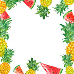 Square banner with exotic tropical fruits on white background. Watercolor pineaaple and watermelon frame. Summer illustration.