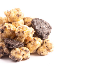 Cookies and Cream Flavored Popcorn on a White Background