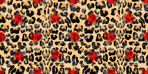 Seamless pattern with leopard print and roses. Vector background with animal skin and flower texture. For printing on fabric, wallpaper, packaging. eps10
