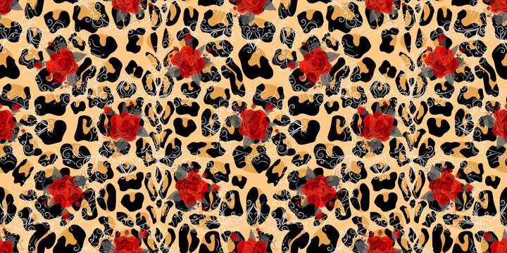 Seamless pattern with leopard print and roses. Vector background with animal skin and flower texture. For printing on fabric, wallpaper, packaging. eps10