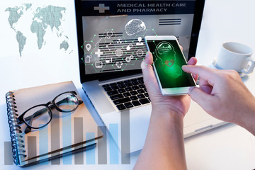 Doctor hand using mobile phone with icons