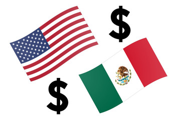 USDMXN forex currency pair vector illustration. American and Mexican flag, with Dollar symbol.
