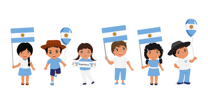 children holding Argentine flag. Vector illustration. Modern design template