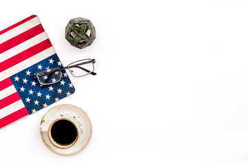 Independence day of USA with flag, glasses, coffee, plant on white background top view space for text